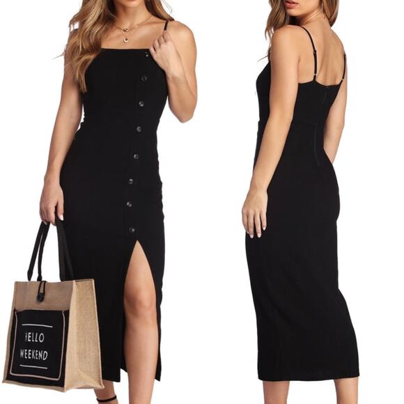 Windsor Black Button Up Linen Midi Dress - Picture 1 of 10